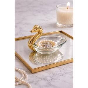Vintage Glass Swan Trinket Dish Jewelry Holder Hollywood Regency Vanity Decor